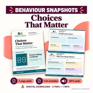 Op de afbeelding: Een digitale downloadset getiteld Behaviour Snapshots: Choices That Matter, inclusief een werkboek voor ouder-training van 5 pagina's, twee A4-printbare bronbladen en één MP3-audiobestand.