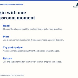 K&ouml;nnte beinhalten: Ein wei&szlig;es Lehrdokument mit dem Titel Begin with one classroom moment und dem Logo von Behaviour & Learning Resource Studio. Es listet vier Schritte auf: 1 Read, 2 Plan, 3 Try and review und 4 Return, jeweils mit kurzem erkl&auml;rendem Text.