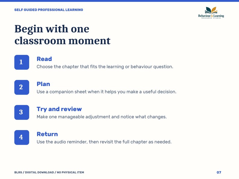 K&ouml;nnte beinhalten: Ein wei&szlig;es Lehrdokument mit dem Titel Begin with one classroom moment und dem Logo von Behaviour & Learning Resource Studio. Es listet vier Schritte auf: 1 Read, 2 Plan, 3 Try and review und 4 Return, jeweils mit kurzem erkl&auml;rendem Text.