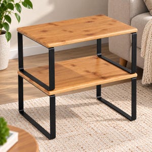 Kitchen Counter Shelf Set of 2, Bamboo Cabinet Organizer, Stackable Spice Rack, Metal Frame Storage Shelves, Natural Wood Finish