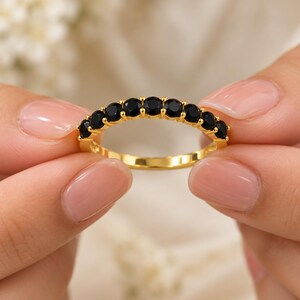 Natural Black Onyx Full Eternity Band, Bezel Setting Round Onyx Ring, Gold Silver Stacking Ring, Delicate Gemstone Anniversary Gift Ring