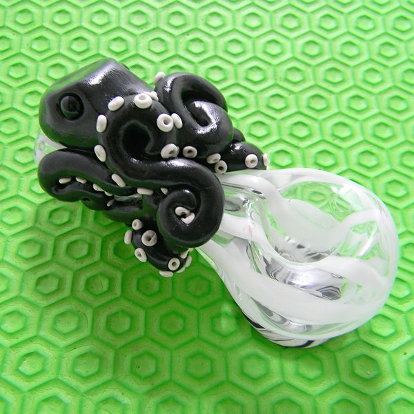 Black and white octopus pipe- hand blown glass, hand sculpted design, free glass screen