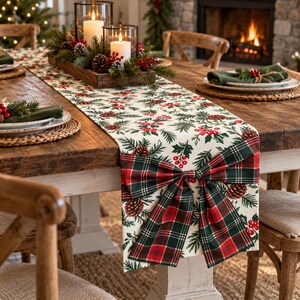 Christmas Table Runner with Bow Design, Festive Printed Polyester Holiday Dining Table Decor