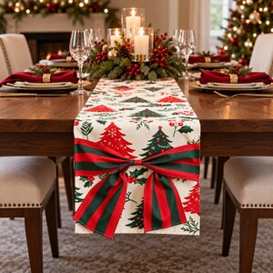 Christmas Table Runner with Bow Design, Festive Printed Polyester Holiday Dining Table Decor