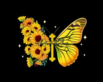 Sunflower Butterfly Jesus God Christian Faith Cross Patriot PNG.