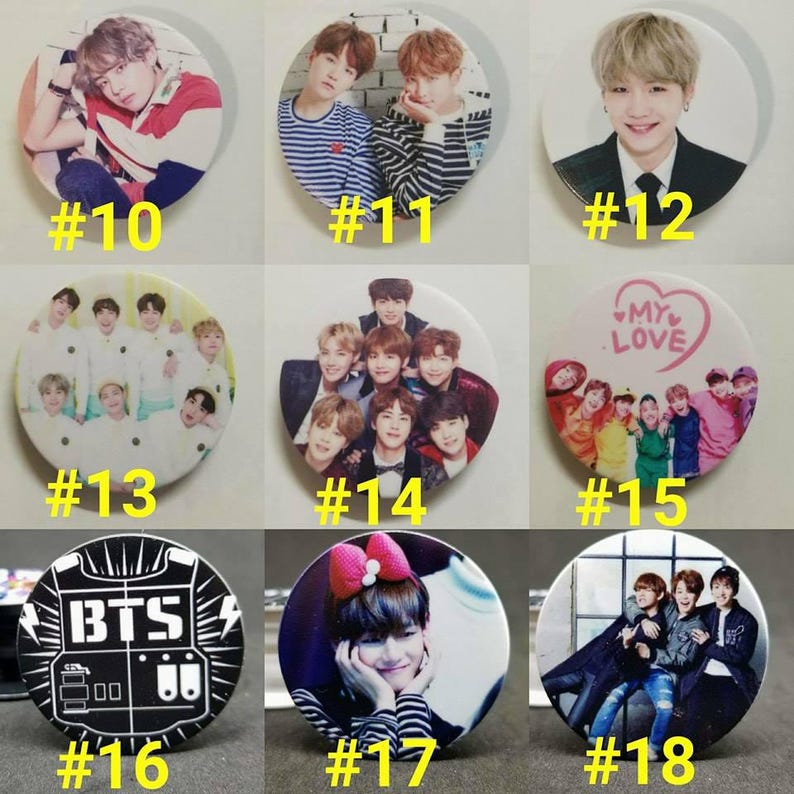 May include: A set of 18 round button pins featuring different images of a popular South Korean boy band. The pins are numbered 10 through 18. Some pins feature individual band members, while others feature the entire group. The pins are printed with high-quality images and are perfect for fans of the band.