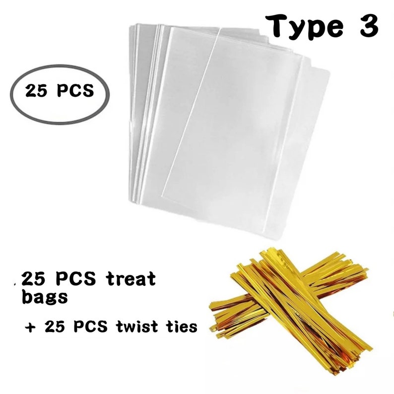 25 pcs 7x10cm Treat Bags with 25 Ribbon Twist Ties 10cm Lollipop Candy Cake Pop Wrapping