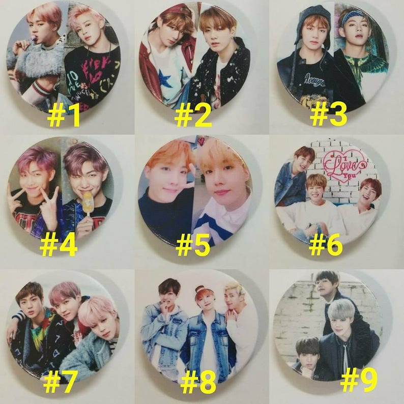 May include: Nine round button pins featuring different images of a popular South Korean boy band. Each pin has a number from 1 to 9 printed below the image.