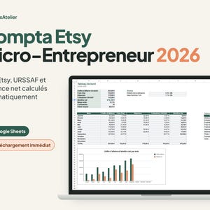 Peut inclure: Un tableur de comptabilité numérique pour vendeurs Etsy intitulé Compta Etsy Micro-Entrepreneur 2026. L'écran affiche un tableau de bord avec des données financières, les revenus mensuels, les charges et un graphique à barres.