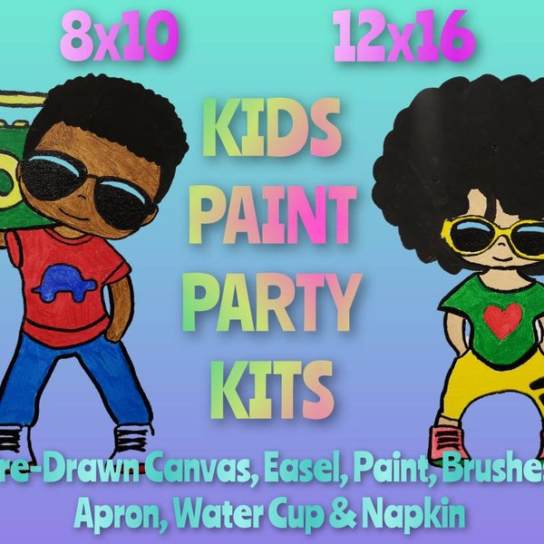 Kids Pre-Drawn Canvas Outline Paint Party Kits for Birthday Party. 8x10 and 12x16 Available.