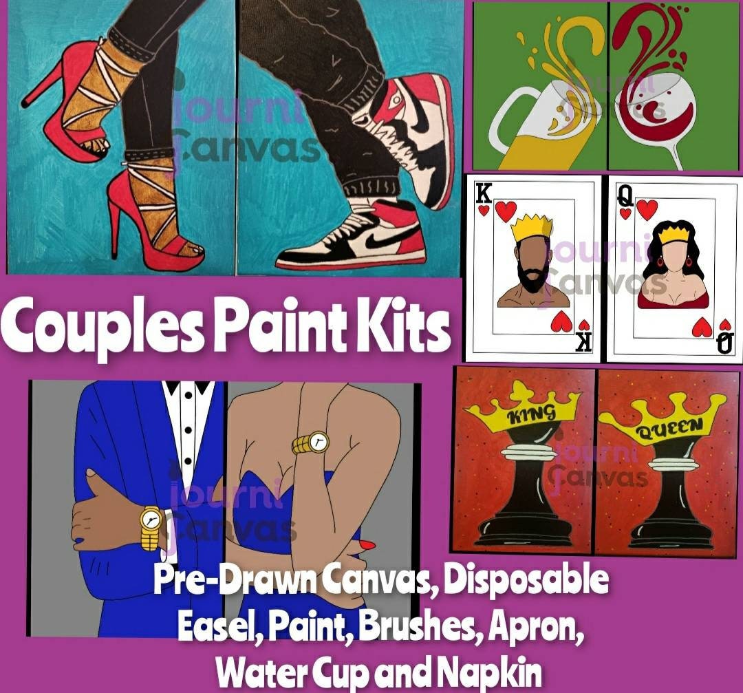 Yeaqee 13 Pcs Sip and Paint Kit Couple Painting Kit Supplies Canvas  Painting Art Painting Set Pre Drawn Stretch Canvas Kit for Couple Date  Night Party