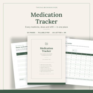 Op de afbeelding: Een digitale medicatietracker-documentenset met een voorpagina getiteld Medication Tracker, een master medicatielijst en een wekelijkse doseringstracker. Crèmekleurige pagina's met donkergroene tekst en randen, 23 pagina's.