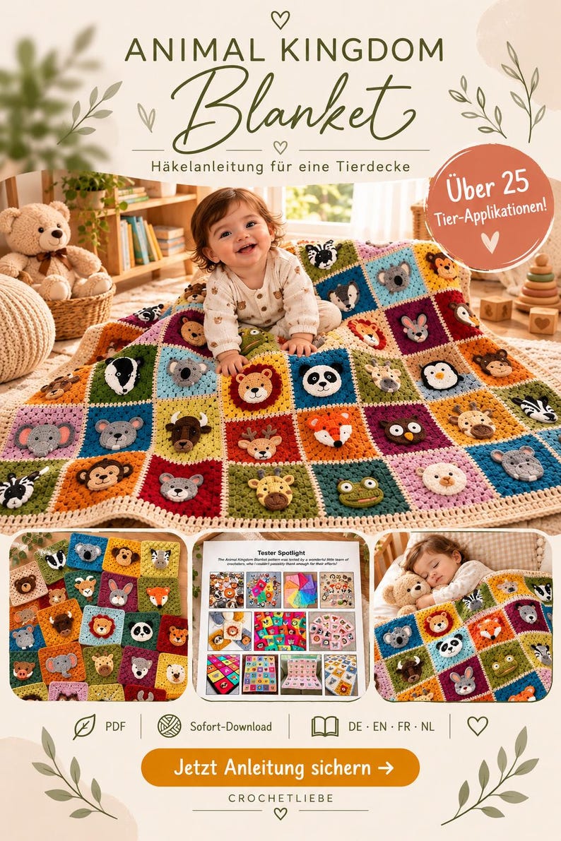 May include: A crochet blanket featuring a grid of colourful squares, each decorated with a unique 3D animal face appliqu&eacute;. The text reads ANIMAL KINGDOM Blanket, H&auml;kelanleitung f&uuml;r eine Tierdecke, &Uuml;ber 25 Tier-Applikationen, Tester Spotlight, PDF, Sofort-Download, DE EN FR NL, Jetzt Anleitung sichern, and CROCHETLIEBE.