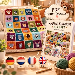 May include: A crochet blanket featuring a grid of colourful squares, each with a different animal face appliqu&eacute;. Beside it, a spiral-bound instruction booklet titled ANIMAL KINGDOM BLANKET with a PDF Sofort-Download cloud icon and four circular flag buttons.