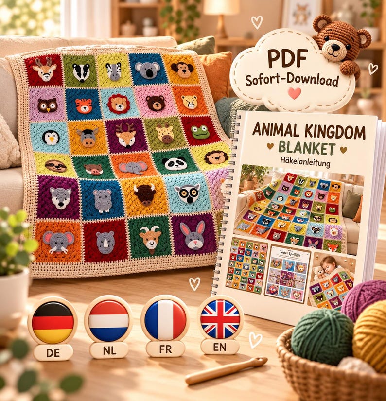 May include: A crochet blanket featuring a grid of colourful squares, each with a different animal face appliqu&eacute;. Beside it, a spiral-bound instruction booklet titled ANIMAL KINGDOM BLANKET with a PDF Sofort-Download cloud icon and four circular flag buttons.