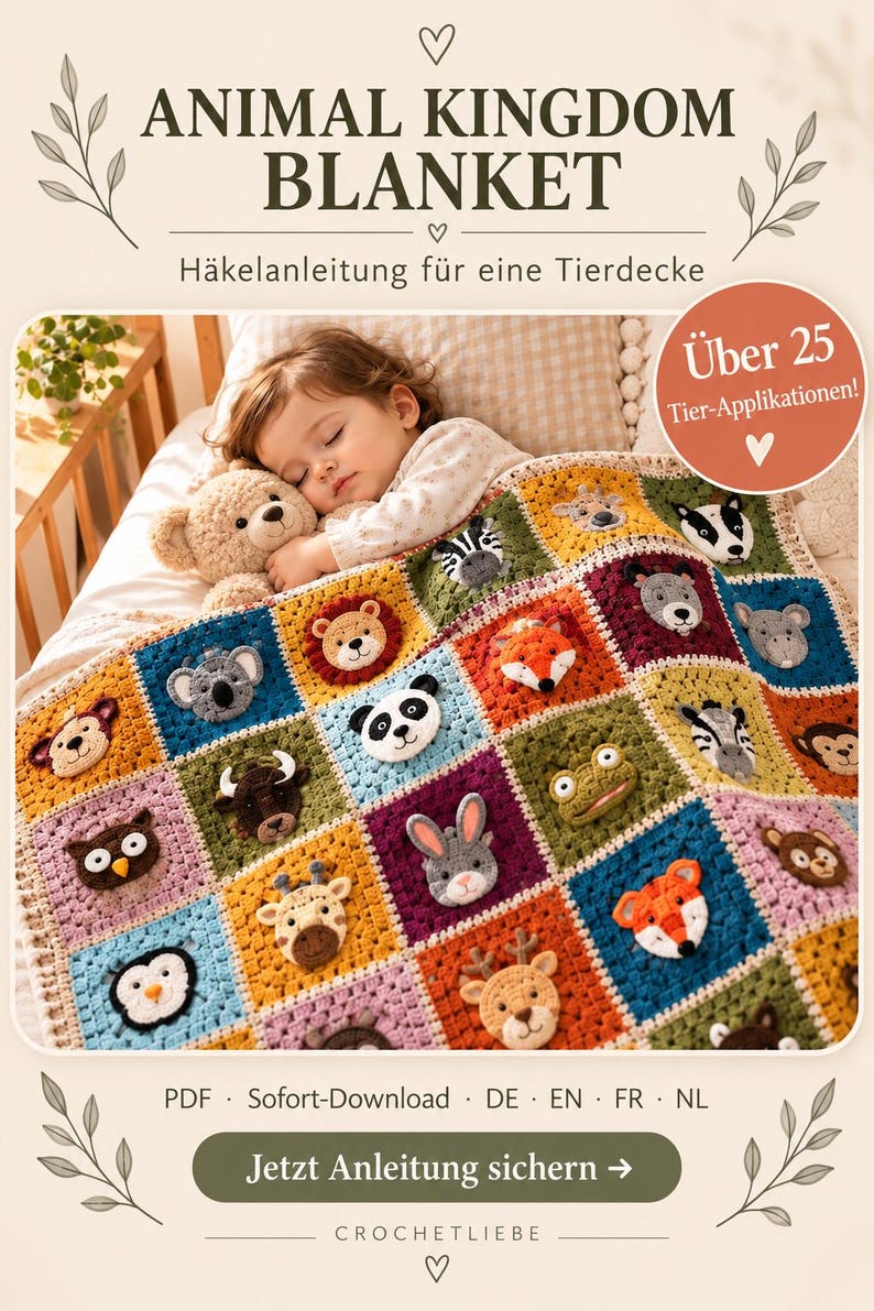 May include: A crochet blanket pattern titled ANIMAL KINGDOM BLANKET featuring a grid of colourful squares, each displaying a different crocheted animal face including a panda, fox, frog, and giraffe, with text indicating over 25 animal designs.