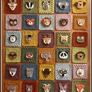 May include: A collection of thirty square crochet patches arranged in a grid, each featuring a unique three-dimensional animal face in the centre. The squares are crafted in various colours including red, green, yellow, blue, and pink.