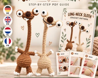 May include: Two crocheted long-neck sloth figures in dark brown and light beige yarn, featuring large white eyes, dark brown noses, and white teeth. The image includes a PDF guide cover titled LONG-NECK SLOTH CROCHET PATTERN with step-by-step photos.