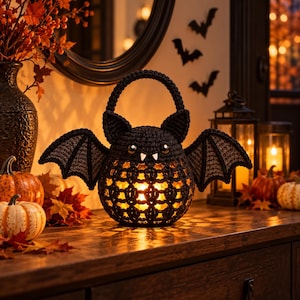 May include: A black crocheted bat basket with a round body, a handle, and two wings. The body features an openwork pattern that glows with a warm yellow light from within. The bat has two small white fangs, two dark eyes, and pointed ears.
