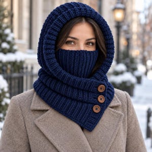 Könnte beinhalten: Eine dunkelblaue, gerippte Strickkapuze mit integriertem Halswärmer, der das untere Gesicht bedeckt. Das Kleidungsstück ist an der Seite mit drei runden braunen Knöpfen befestigt und wird über einem beigen Wollmantel getragen.