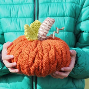 Puede incluir: Una persona sostiene una calabaza tejida con un tallo verde y marr&oacute;n. La calabaza es naranja y tiene una superficie texturizada.