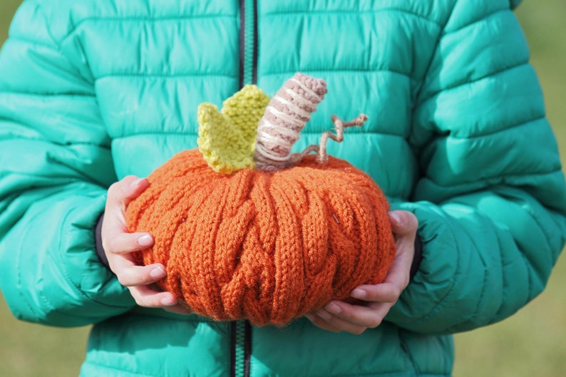 Puede incluir: Una persona sostiene una calabaza tejida con un tallo verde y marr&oacute;n. La calabaza es naranja y tiene una superficie texturizada.