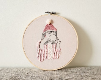 Sweet Winter Embroidered Hoop - Finished Product - Embroidered Girl - Winter Gifts - Embroidery Project