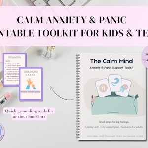 May include: A printable toolkit for kids and teens titled The Calm Mind Anxiety & Panic Support Toolkit. The spiral-bound document features grounding cards, a support plan, and guidance. Includes text: Calm Anxiety & Panic Printable Toolkit.
