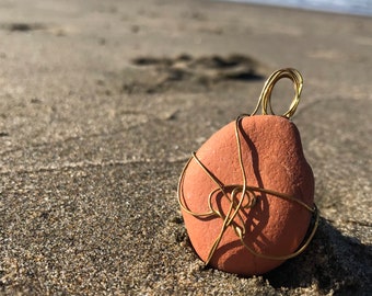 Orange Beach Stone Gold Wire-wrapped pendant. Upcycled Boho Chic Jewelry from Ocean Beach, CA. Eco-packaging. (Necklace not included)