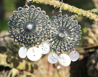 Silver Chandelier White Button Earrings
