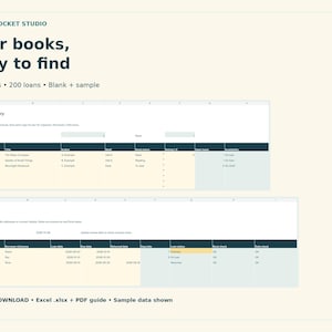 May include: A digital spreadsheet template for personal library management by Pencil Pocket Studio. The interface includes sections for tracking 100 books and 200 loans, featuring columns for book titles, authors, shelf locations, and loan status.