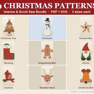 Christmas Intarsia Pattern Bundle, 9 Scroll Saw Templates PDF SVG, Gnome Reindeer Cardinal Snowman Tree, 3 Sizes, Wood Decor DIY