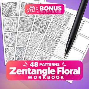 May include: A 48 patterns Zentangle Floral workbook featuring pages with black and white line art designs of leaves, flowers, pinecones, and waves. A black pen rests on the paper, which includes a pink label reading BONUS EXTRA PRACTICE PAGES.