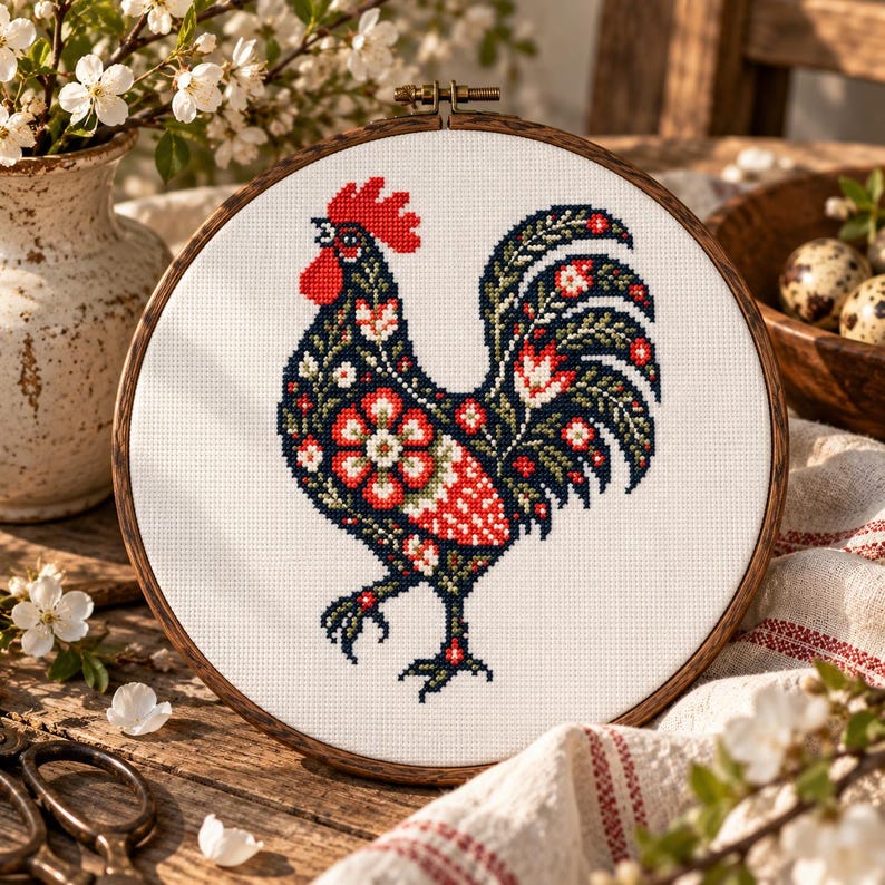Easter Rooster Cross Stitch Pattern PDF, Floral Chicken, Spring Folk ...
