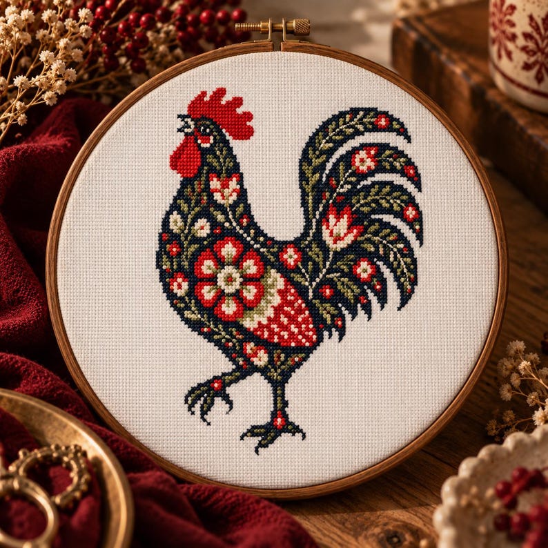 Easter Rooster Cross Stitch Pattern PDF, Floral Chicken, Spring Folk ...