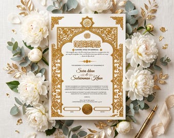 May include: A rectangular Islamic marriage certificate with gold ornate borders and Arabic calligraphy, featuring the names Sara Khan and Sulaimman Khan. The document is surrounded by white peony flowers, eucalyptus leaves, and a gold fountain pen.