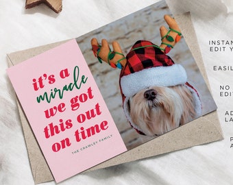 Plantilla divertida de tarjeta fotográfica navideña, plantilla de tarjeta fotográfica navideña, tarjeta fotográfica navideña imprimible, tarjeta de Navidad, tarjeta fotográfica navideña de perro, diversión