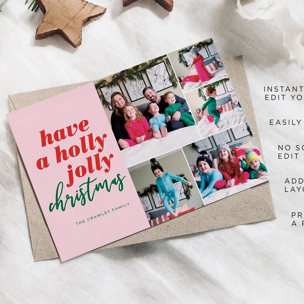 Holly Jolly Christmas photo card template, Holiday photo card template, holiday photo card printable, christmas card, holiday photo card dog