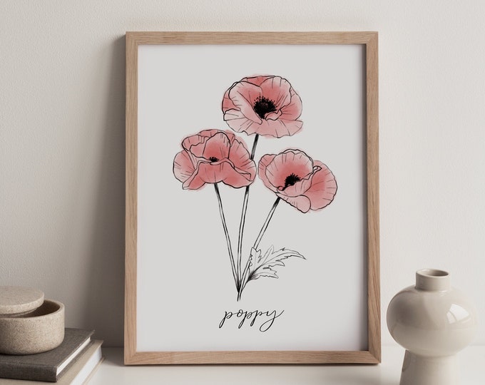 red flower art print, August birth month flower, red flower illustration, birth flower, August birth flower, poppy