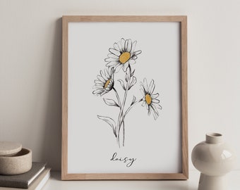 white flower art print, April birth month flower, white flower illustration, birth flower, April birth flower, daisy