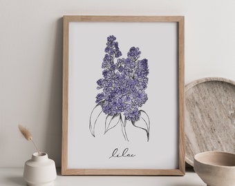lilac, purple flower art print, purple flower illustration, watercolor, nursery decor, print, flower art, printable, minimal, botanical