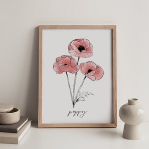 red flower art print, August birth month flower, red flower illustration, birth flower, August birth flower, poppy image 1