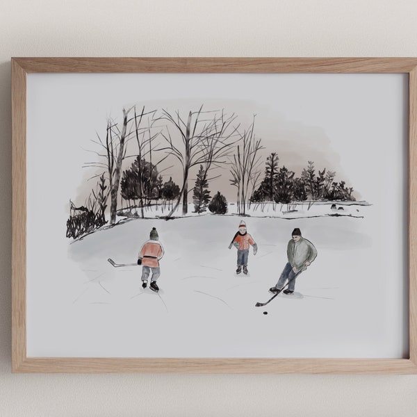 Pond hockey ice skating illustration