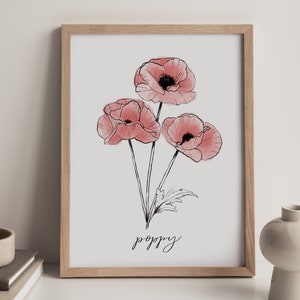 red flower art print, August birth month flower, red flower illustration, birth flower, August birth flower, poppy image 2