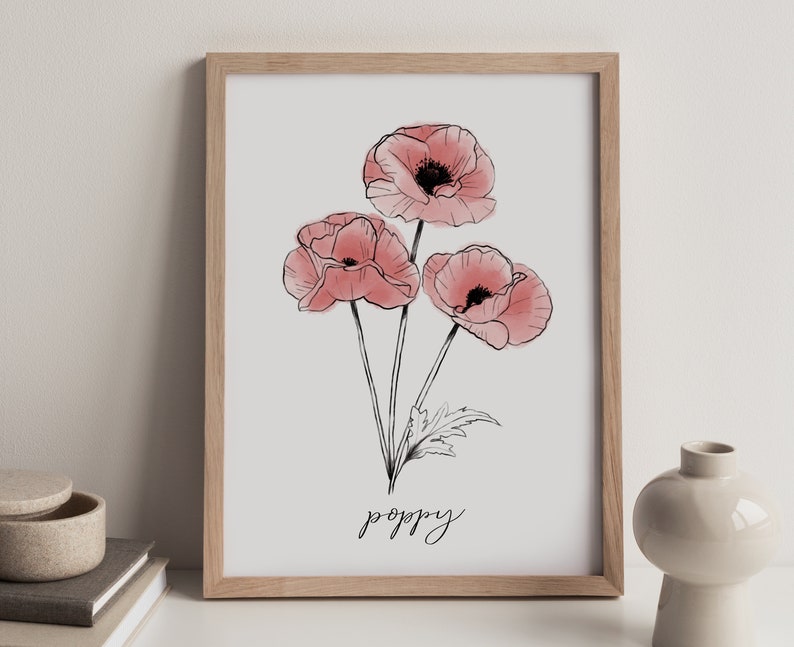 red flower art print, August birth month flower, red flower illustration, birth flower, August birth flower, poppy image 2