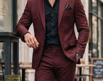 Custom Burgundy Men's Suit | Made to Measure Maroon 2-Piece Wedding Groom Attire