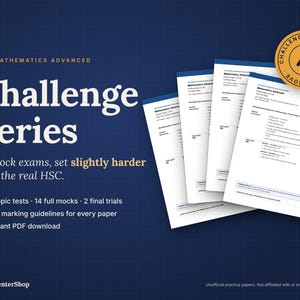 Könnte beinhalten: HSC Mathematics Advanced Challenge Series mit 20 Probeklausuren, 4 Themen-Tests, 14 vollständigen Prüfungen und 2 Abschlusstests. Enthält ausführliche Bewertungsrichtlinien und PDF-Download. Ein goldenes Abzeichen zeigt Challenge Edition A Step Above.