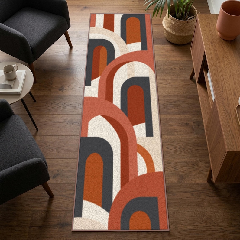 Terracotta Arch Runner Rug, Modern Clay Charcoal Geometric Hallway ...