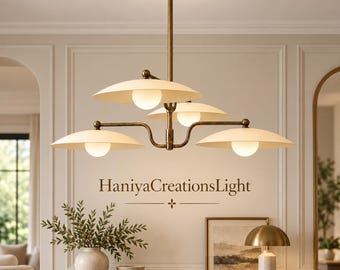 Modern Brass 4-Light Chandelier | Mid-Century Modern Ceiling Light | Custom Color Dome Shade Pendant Lighting