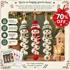 May include: Three crochet snowman spiral ornaments hanging from a branch. Each snowman wears a knit hat and scarf, with a spiraling white body decorated with small green or red snowflakes and beads. Text includes We're so happy you're here!